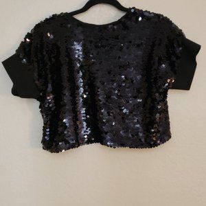 Funky Black Sequined Crop Top With Cap Sleeves